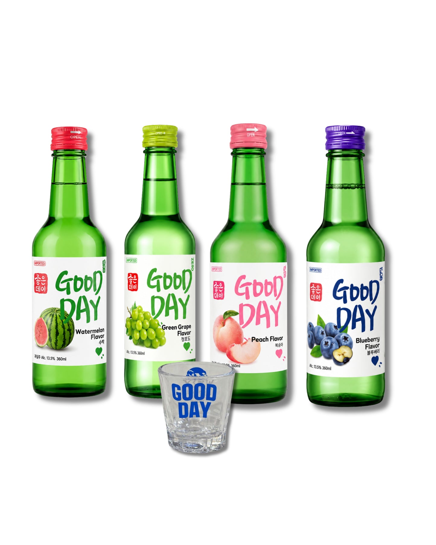 Pack Ronda Coreana — Good Day Soju Coreano Original x4 Sabores + Vaso Shot