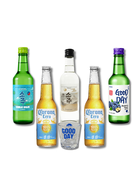 Pack Somaek Experience — Good Day + Chile Soju Premium  + Clásico + Corona Cero x2 + Vaso Shot Korea